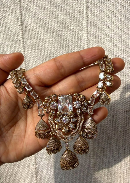Kumudini Jhumki AD Necklace Set - Clear/Gold