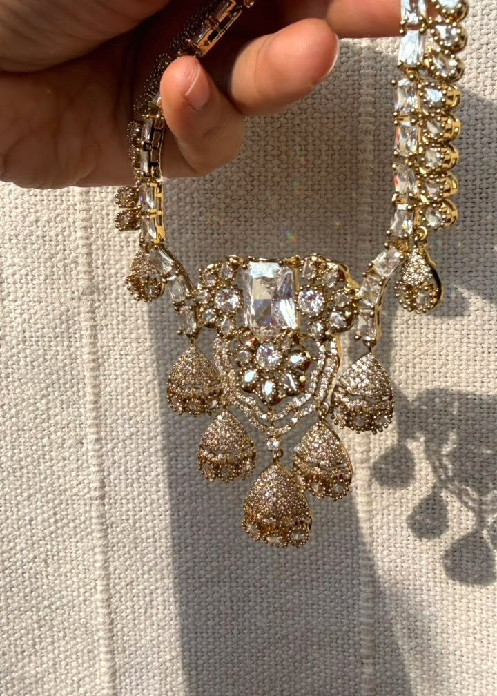 Kumudini Jhumki AD Necklace Set - Clear/Gold