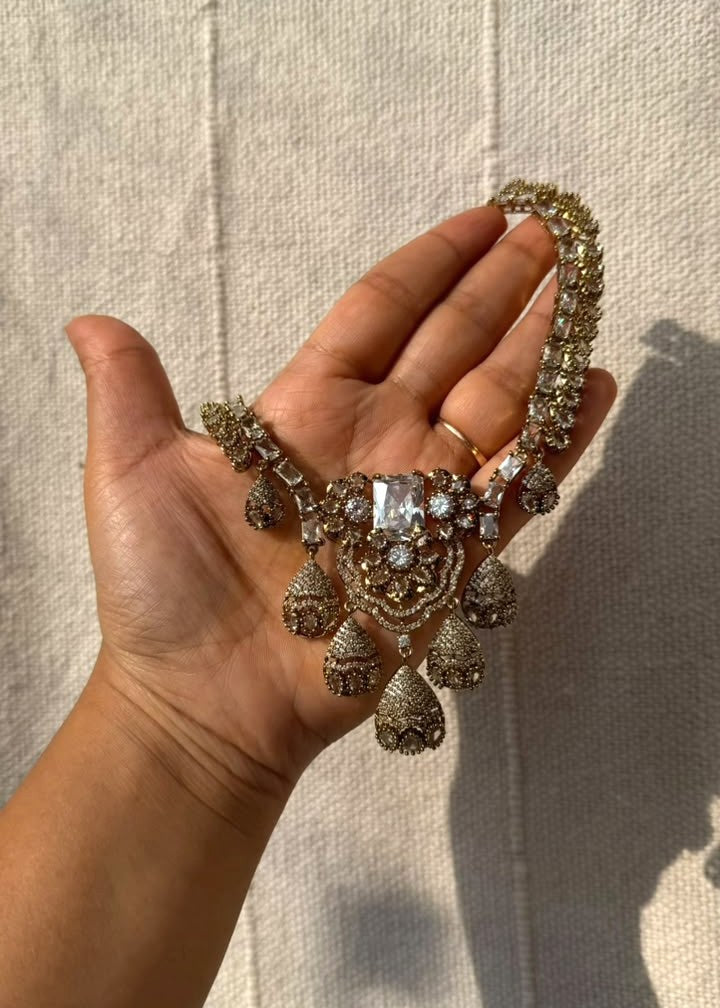 Kumudini Jhumki AD Necklace Set - Clear/Gold