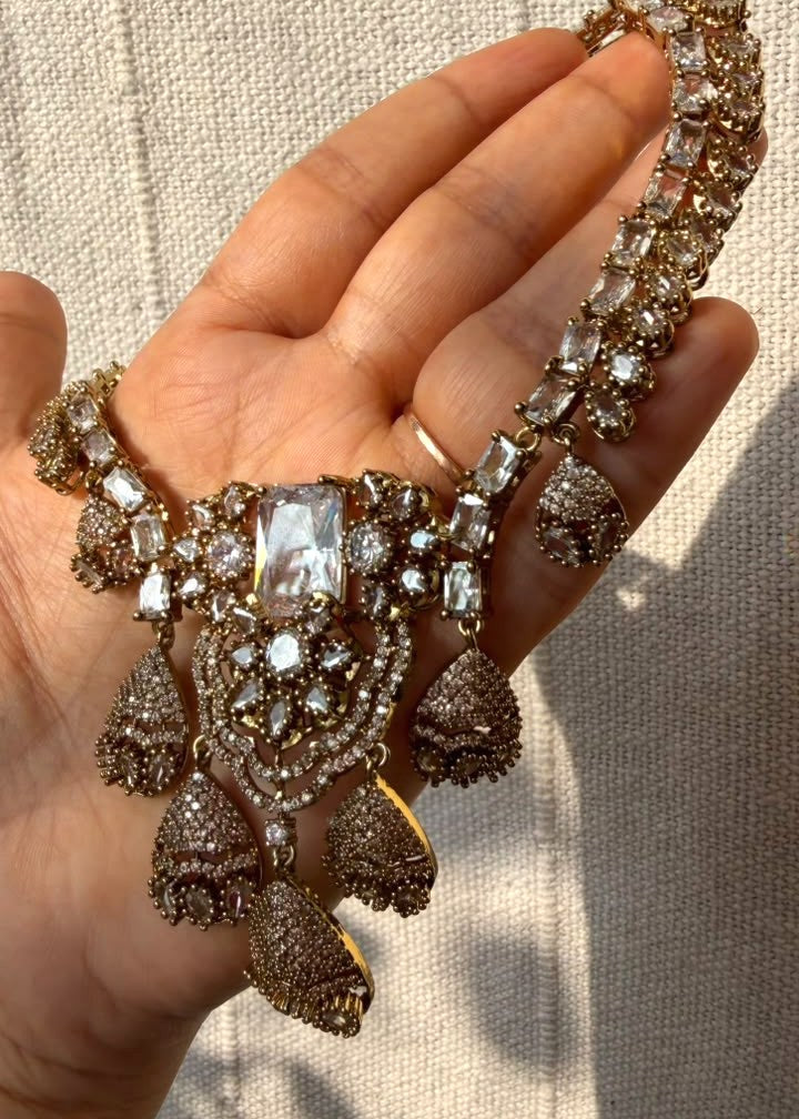 Kumudini Jhumki AD Necklace Set - Clear/Gold