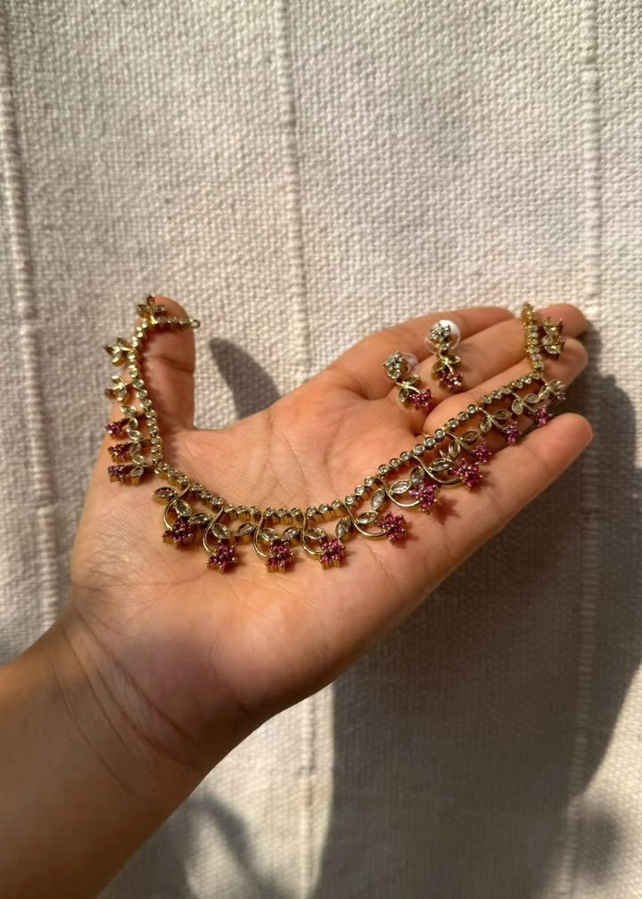 Mrinalika AD Necklace Set - Pink/Magenta