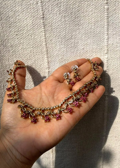 Mrinalika AD Necklace Set - Pink/Magenta