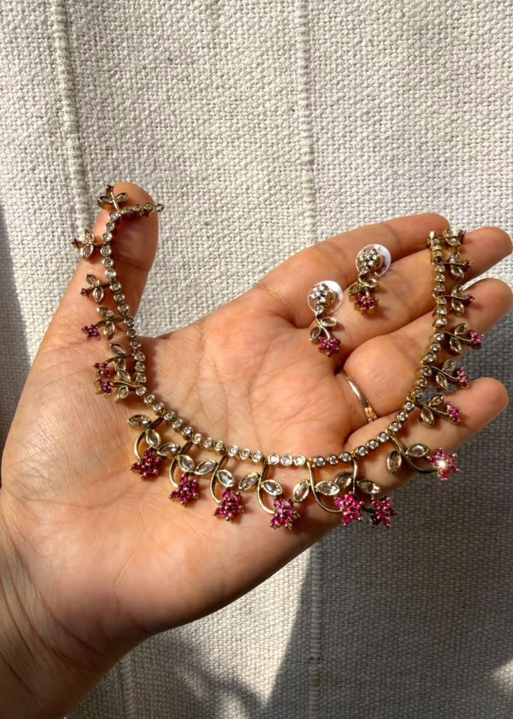 Mrinalika AD Necklace Set - Pink/Magenta