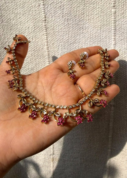 Mrinalika AD Necklace Set - Pink/Magenta