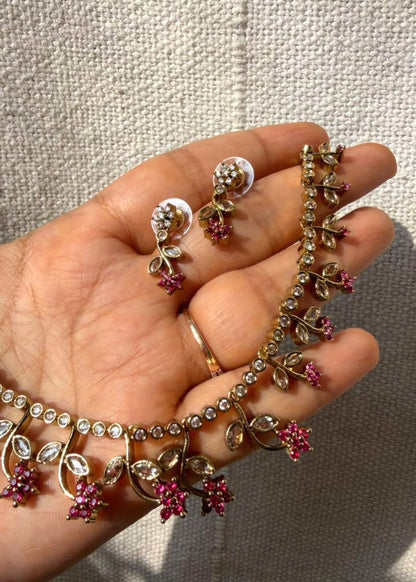 Mrinalika AD Necklace Set - Pink/Magenta