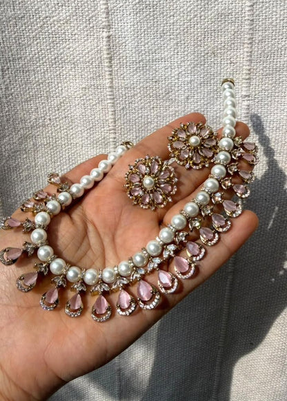 Gulabiya Pearl AD Necklace Set - Baby Pink