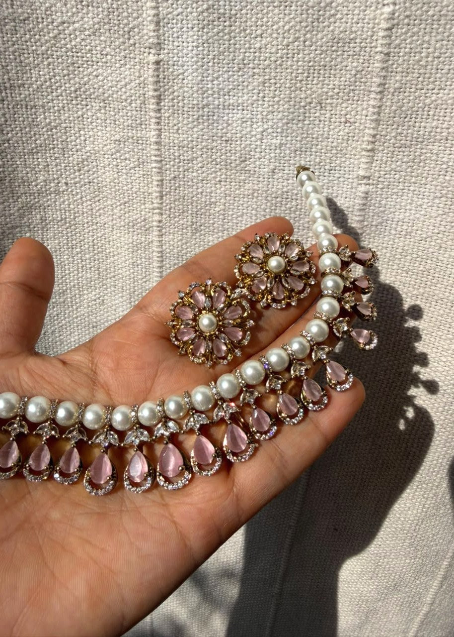 Gulabiya Pearl AD Necklace Set - Baby Pink