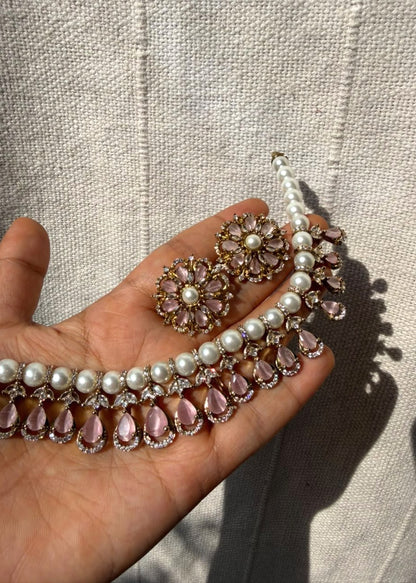 Gulabiya Pearl AD Necklace Set - Baby Pink
