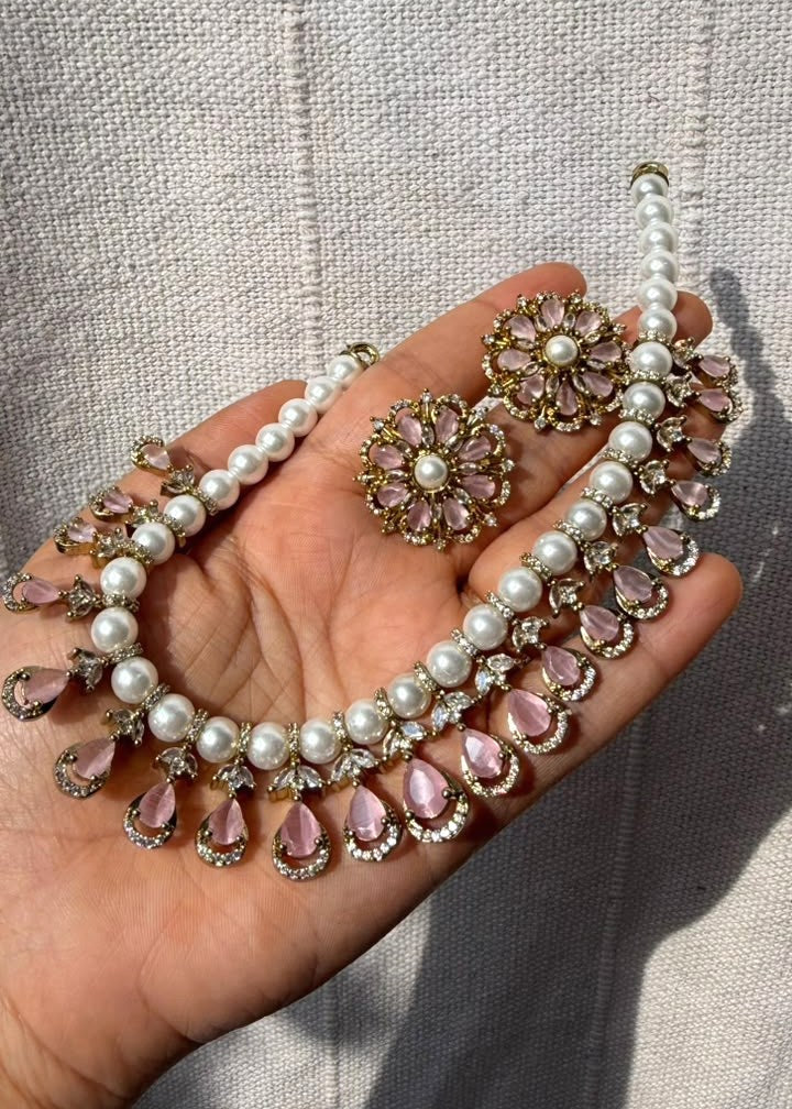 Gulabiya Pearl AD Necklace Set - Baby Pink
