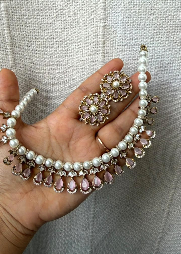 Gulabiya Pearl AD Necklace Set - Baby Pink