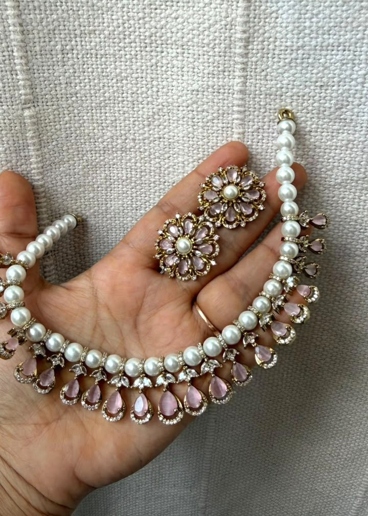 Gulabiya Pearl AD Necklace Set - Baby Pink