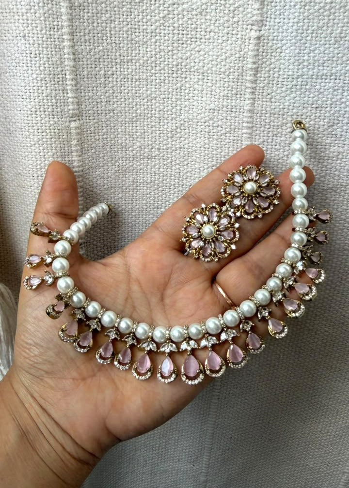 Gulabiya Pearl AD Necklace Set - Baby Pink