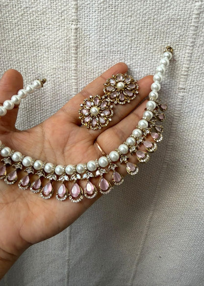 Gulabiya Pearl AD Necklace Set - Baby Pink