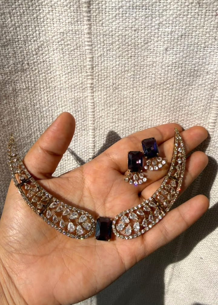 Svarupa Temple AD Necklace Set - Deep Purple