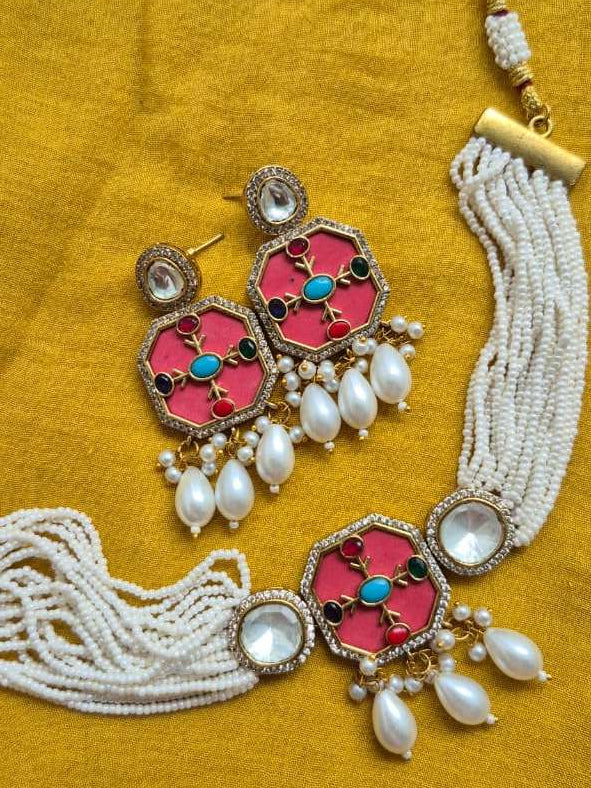Bandhai Kundan Pink Necklace Set