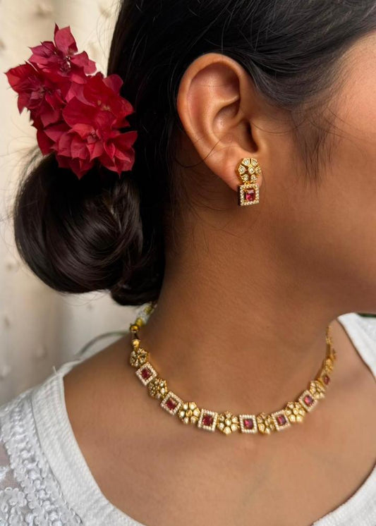 Parashakti Temple AD Necklace Set - Ruby