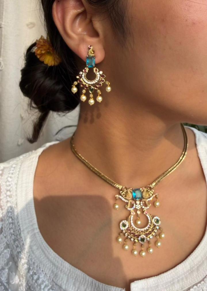 Padmavati Temple AD Necklace Set - Sea Blue