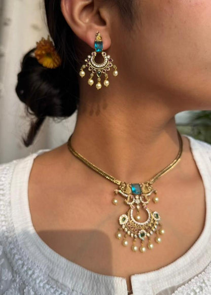 Padmavati Temple AD Necklace Set - Sea Blue