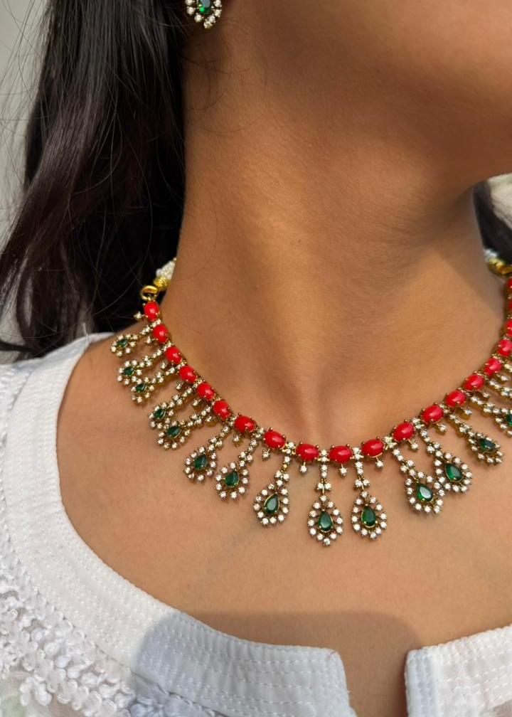Devalika Coral Temple AD Necklace Set - Multicolour