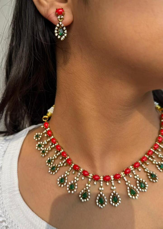 Devalika Coral Temple AD Necklace Set - Multicolour