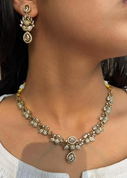 Rani Kamal Temple AD Necklace Set - White/Clear