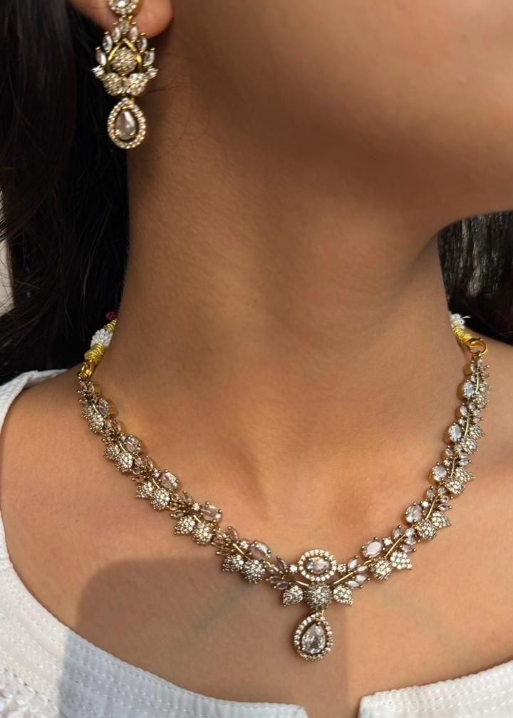Rani Kamal Temple AD Necklace Set - White/Clear